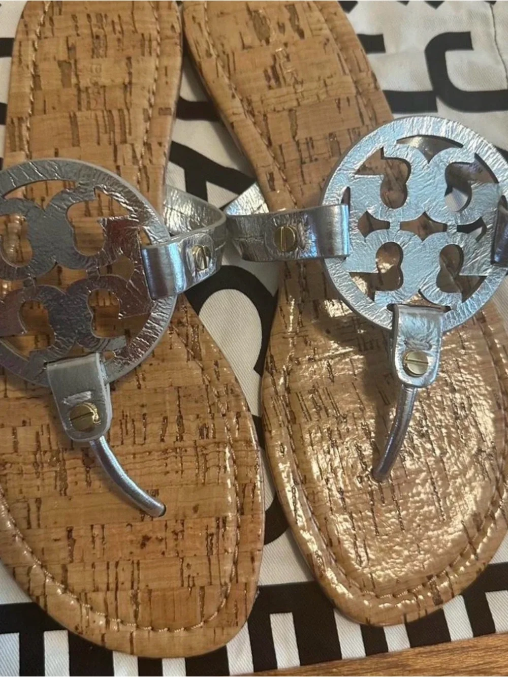 Tory Burch Silver Logo Cork-Style Toe-Thong Sandals